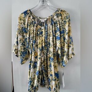 “Sky’s the Limit Brand” blue, Yellow and Olive Floral Peasant Blouse